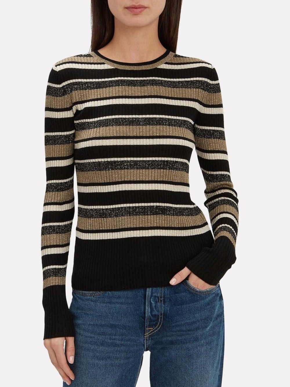 Frame Ribbed Metallic Stripe Knit Wool‎ Blend Long Sleeve Sweater Medium Neutral